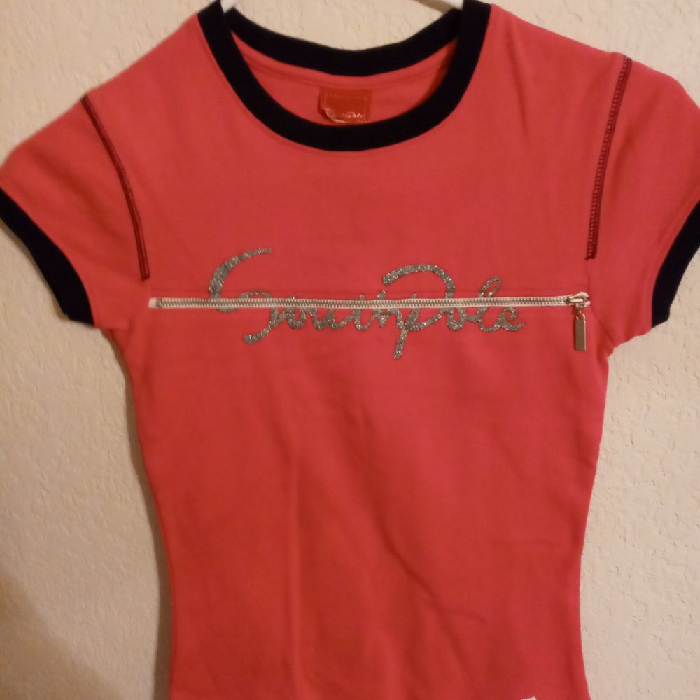 SOUTHPOLE WOMENS JUNIORS PINK FRT ZIPPER W BLACK TRIM TEE SHIRT SZ SM